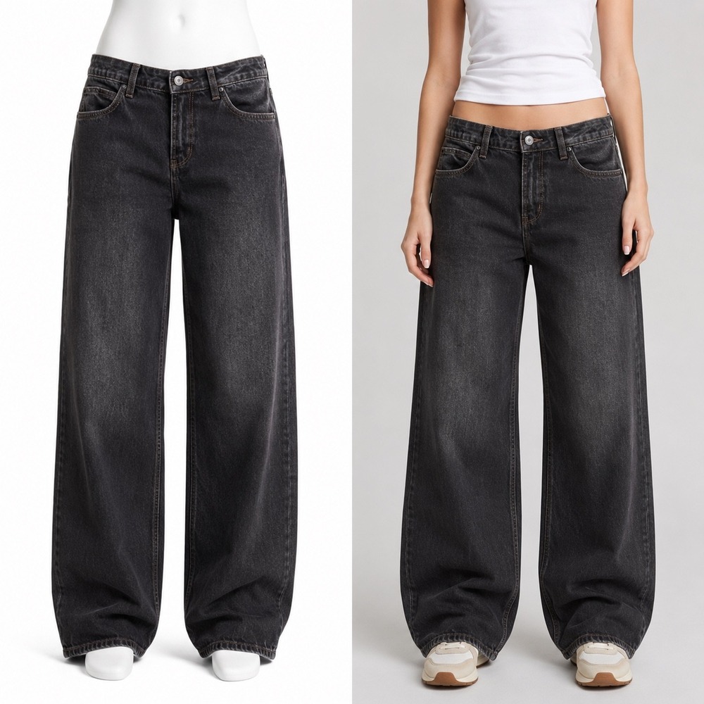 RSQ Jeans Women 26 Black Low Rise Baggy Wide Leg Denim Distressed Hem Contrast